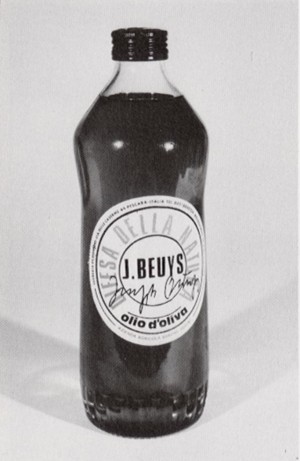 Joseph Beuys - Ölflasche, 1984, two bottles of olive oil, one with printed white label and one with printed gold label