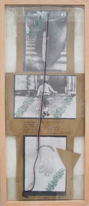 Joseph Beuys - Plakat-Kreuz Friedens feier, 1972, photocopies mounted on cardboard with handwritten text by Hafner, stamped; in plastic sheet with colored yarn