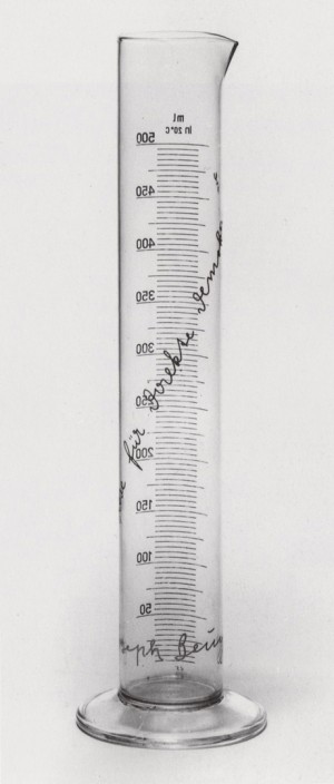 Joseph Beuys - Rose für Direkte Demokratie, 1973, graduated glass cylinder, with inscription; certificate on printed letter paper