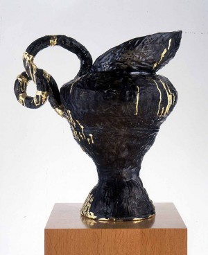 Andrew Lord - Jug, Modeling Copper, 1990, low fired clay with copper and lead glaze, epoxy and gold leaf