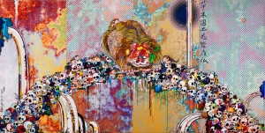 Takashi Murakami - Of Chinese Lions, Peonies, Skulls, And Fountains, 2011, acrylic on canvas stretched on wooden panel