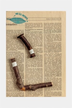 Joseph Beuys - Aufruf zur Alternative (Appeal for an Alternative), 1980, page of Frankfurter Rundschau newspaper, stamped; bronze object; and branch with beeswax, in cardboard box