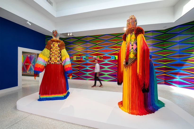 Jeffrey Gibson: the space in which to place me Venice Bienalle installation shots with two human figure sculptures