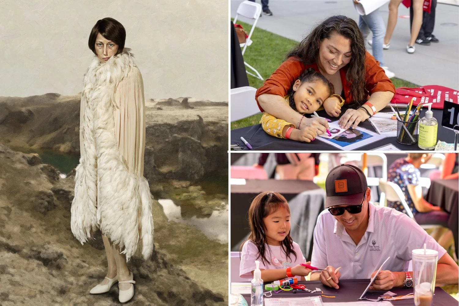 collage of cindy sherman artwork and two photos of families at previous family weekend workshops