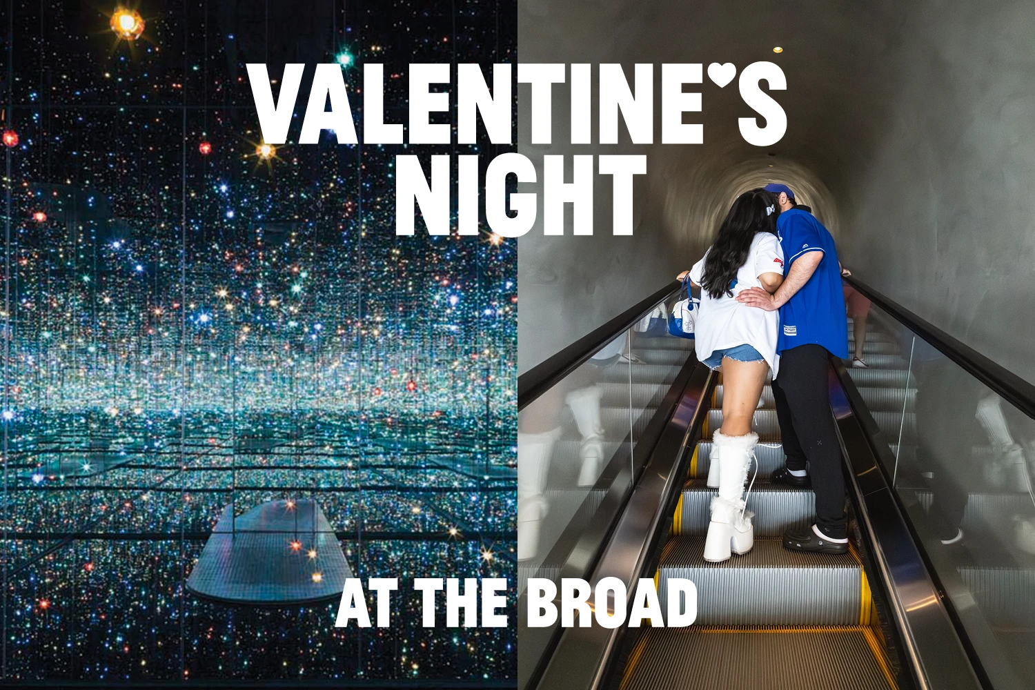 Left side: Photo of Yayoi Kusama's Infinity Mirrored Room. Right side: Photo of couple kissing on the escalator at The Broad.