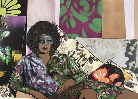 Mickalene Thomas, Afro Goddess Looking Forward (detail), 2015. Rhinestones, acrylic, and oil on wood panel. © Mickalene Thomas