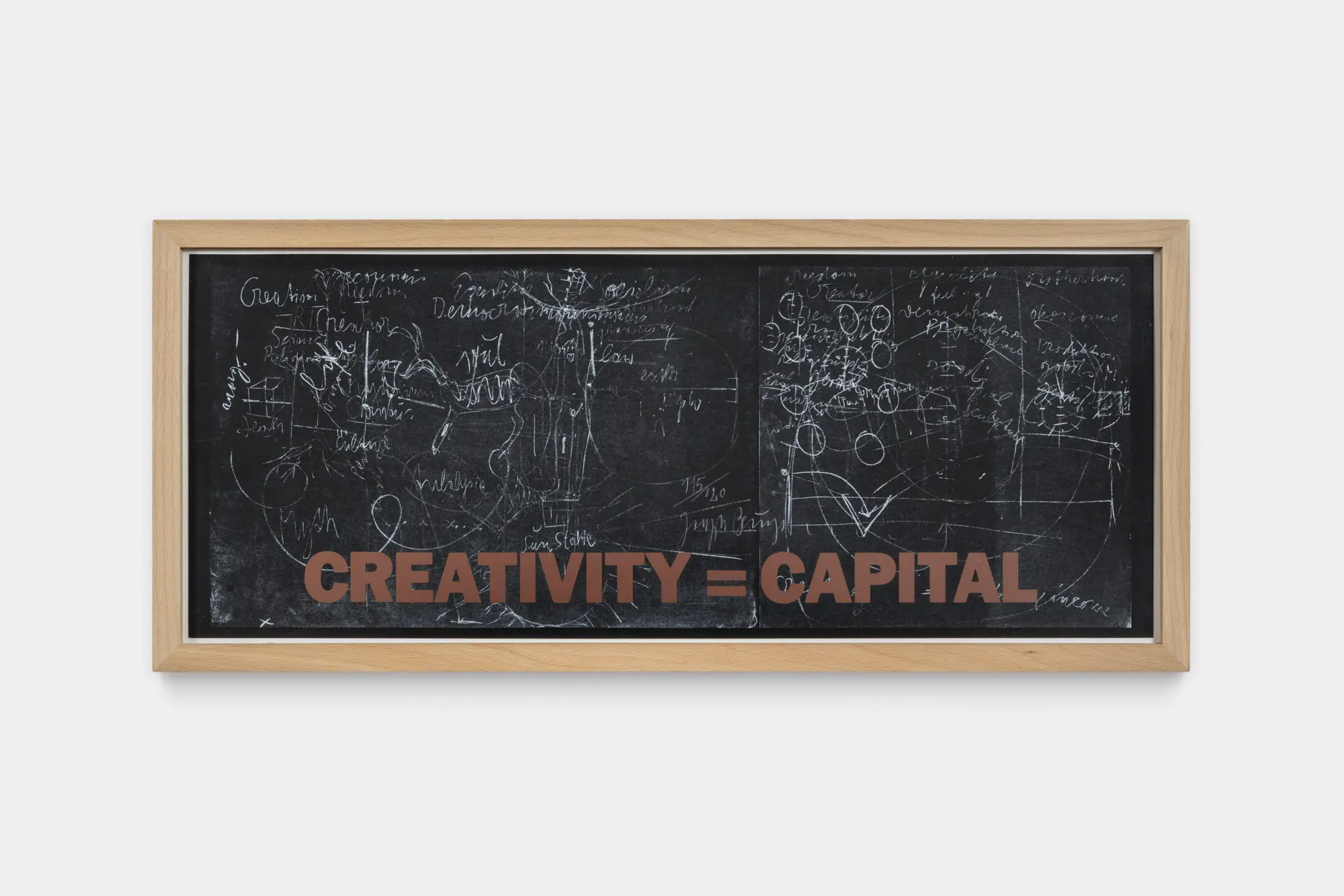 Artwork with black background and white drawings with the words creativity = capital in the foreground